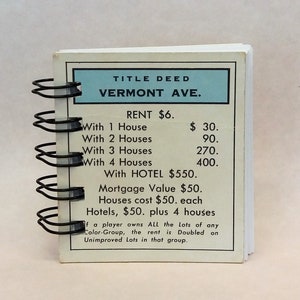 Vermont Ave, Monopoly Notepad Journal, Spiral Bound Notebook, Actual Monopoly Property Deed, Bond Paper, Thank You Gift, Mini Notepad