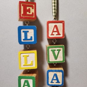 Custom Name Block Ornament, Custom Christmas Tree Ornament, Baby&#39;s First Christmas, Vintage Wooden Alphabet Blocks, Children, Grandchildren