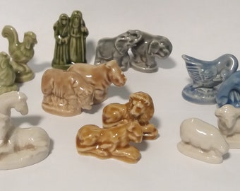 Dollhouse Miniatures, Red Rose Tea, Noah's Ark Series, Wade Whimsies, Rhino, Elephant, Zebra, Complete Set, Glazed Porcelain, Series V