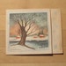 Vintage Christmas Card 1939, Snow Covered Tree, Red Buildings, Winter Scene, Icy Pond, Off-Set Fold, Not a Reproduction