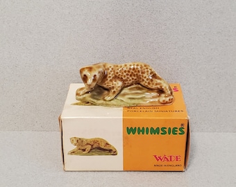 Vintage Wade Whimsies, Leopard with Original Box, Set 4 1973, Dollhouse Miniatures Red Rose Tea, George Wade, England, Porcelain Leopard