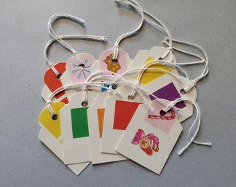 Set of 10 Candy Land Gift Tags, Pre-Strung Hand-Punched Gift Tags, Vintage Candy Land Cards, Upcycled, Mixed Media, Journals, Scrapbooking