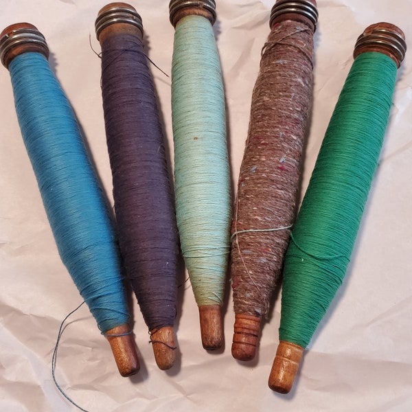 Antique Wood Bobbins, Vintage Textile Spools,  New England Mill, Wound with Wool, Industrial Textiles, Quill, Prin, Spinning, Weaving, Loom