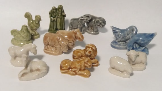 Dollhouse Miniatures, Red Rose Tea, Noah's Ark Series, Wade Whimsies, Rhino, Elephant, Zebra, Complete Set, Glazed Porcelain, Series V