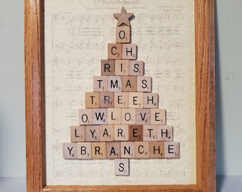 O Christmas Tree Plaque, O Tannenbaum, Scrabble Tiles, Christmas Decor, For the Holidays, Sheet Music Background, Reclaimed Solid Wood Frame