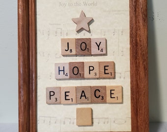 Joy Hope Peace Sign, Christmas Decor, Joy to the World, Scrabble Tiles, For the Holidays, Sheet Music Background, Reclaimed Solid Wood Frame
