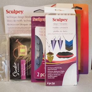 May include: Assortment of Sculpey craft supplies, including design blocks, design templates, and texture makers. Packages feature text in English, French, and Spanish. The products are designed for use with clay and paper, offering various shapes and patterns for crafting projects.