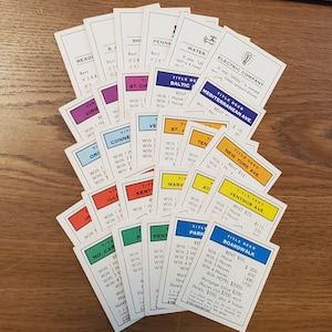 Cartes d'acte de monopole vintage, jeu complet de 28 ou individuelles, promenade, place de parc, cartes de rechange, reliure de livre, carnet de notes, journal