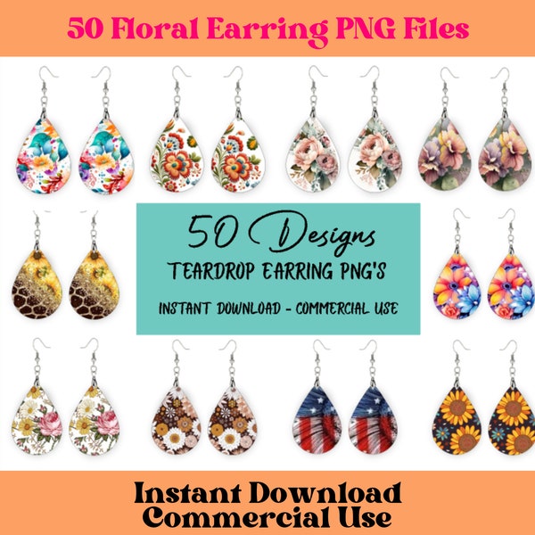 50 floral teardrop earring design bundle | PNG Files | Sublimation Design | sublimation earring | floral png | png bundle