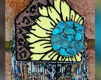 Sunflower Cow tag freshie with turquoise stones, special fringe and painted leopard print