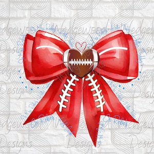 Puede incluir: Un lazo rojo de acuarela con un corazón en forma de balón de fútbol marrón en el centro. El balón de fútbol tiene cordones blancos y el lazo tiene costuras blancas. El texto "Go Rebels" está escrito en el lazo.