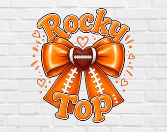 May include: A graphic design featuring the text Rocky Top in orange bubble letters. A large orange bow sits in the centre with a brown heart-shaped football icon. The bow tails feature white football lace patterns and small orange hearts.
