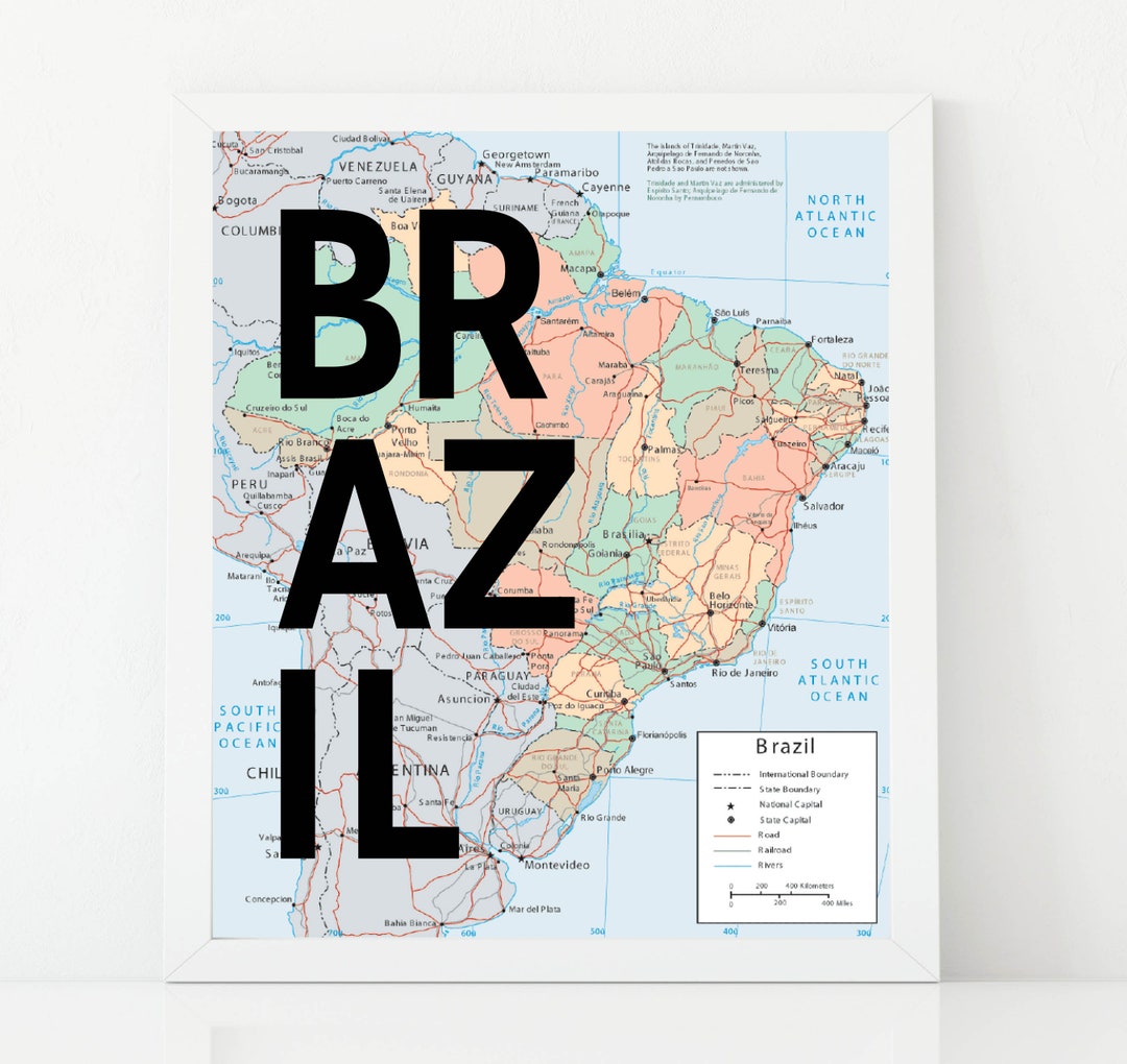 Brazil Art Print, Brazil Map, Travel Poster, Map Art, Central America ...