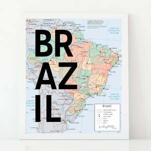 Impresión de arte de Brasil, Mapa de Brasil, Cartel de viaje, Arte de mapas, América Central, Arte de viajes, Decoración imprimible, Decoración del hogar, Descarga digital, Brasil