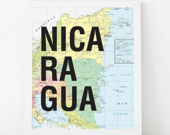 Nicaragua Art Print, Nicaragua Map, Travel Poster, Map Art, Central America, Travel Art, Printable Wall Decor, Home Decor, Digital Download