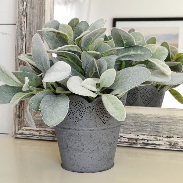 Lambs Ear in a Gray, Heart Stamped Tin; Year Round, Farmhouse Centerpiece; Greenery Arrangement; Gray Farmhouse Decor; Valentine Container