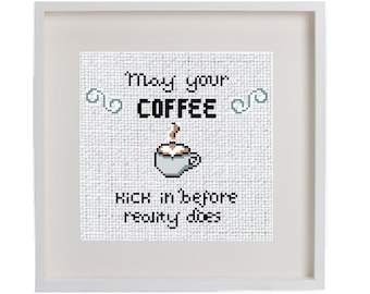 Modern Subversive Coffee Cup Cross Stitch Pattern Instant PDF Download, Fun Small Beginner Pattern, Coffee kitchen decor