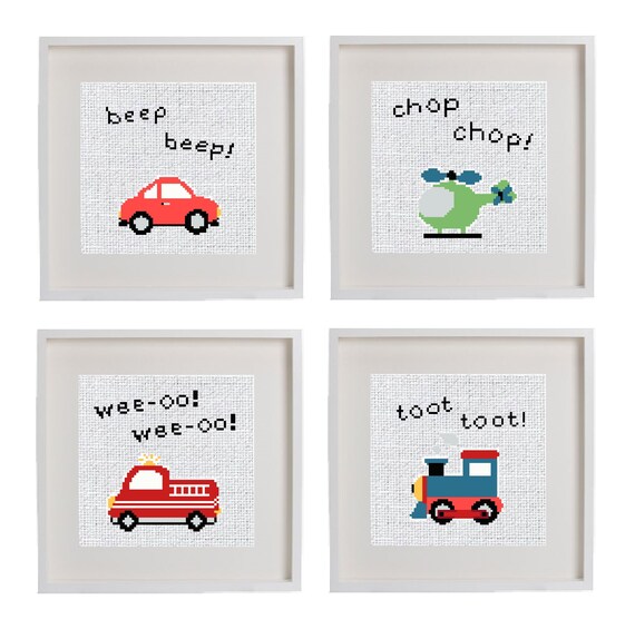 Little Vehicles Cross Stitch Pattern Nursery Cross Stitch Car Helicopter Fire Truck Train Baby Pattern Small