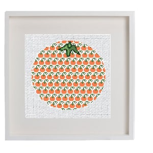 K&ouml;nnte beinhalten: Ein gerahmtes Kreuzstich-Kunstwerk, das eine gro&szlig;e orange Frucht darstellt, die aus kleineren orangen Fr&uuml;chten mit gr&uuml;nen Bl&auml;ttern besteht. Das Kunstwerk befindet sich auf einem wei&szlig;en Hintergrund.