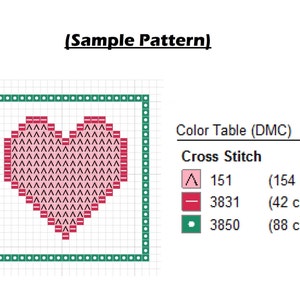 May include: A cross stitch pattern for a heart with a green border. The pattern uses three colours: pink, red, and green. The DMC colour codes and stitch counts are listed below the pattern.