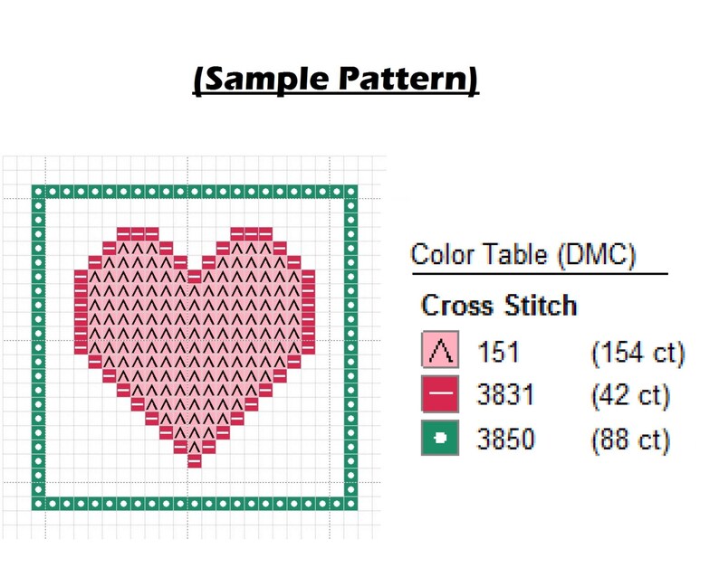 May include: A cross stitch pattern for a heart with a green border. The pattern uses three colours: pink, red, and green. The DMC colour codes and stitch counts are listed below the pattern.