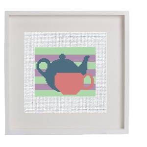 Modern Tea Cross Stitch Pattern, Instant PDF Download, Fun Small Beginner Pattern, Teapot Pattern, Teacup Cross Stitch, Tea kitchen Decor