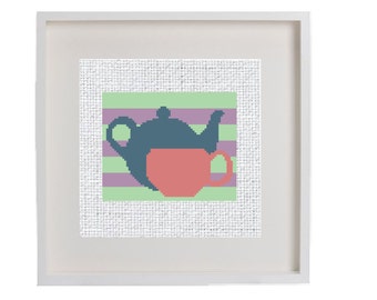 Modern Tea Cross Stitch Pattern, Instant PDF Download, Fun Small Beginner Pattern, Teapot Pattern, Teacup Cross Stitch, Tea kitchen Decor