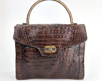 vintage croc embossed brown leather handbag by marquise Jackie Frame Bag Croc Embossed Leather Chocolate – McCulley main image 3