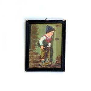 original  oil painting, schoolboy, oil on wood framed vintage  wood frame signed