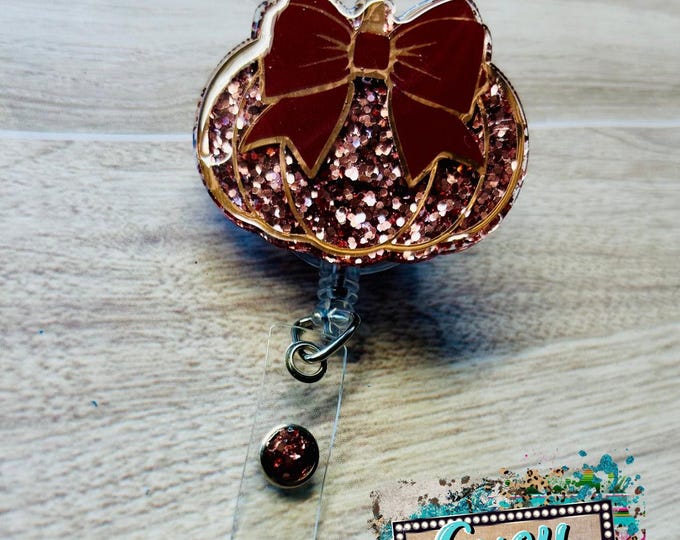 Holographic Rose Gold Pumpkin Badge Reel: Halloween Fall ID Holder