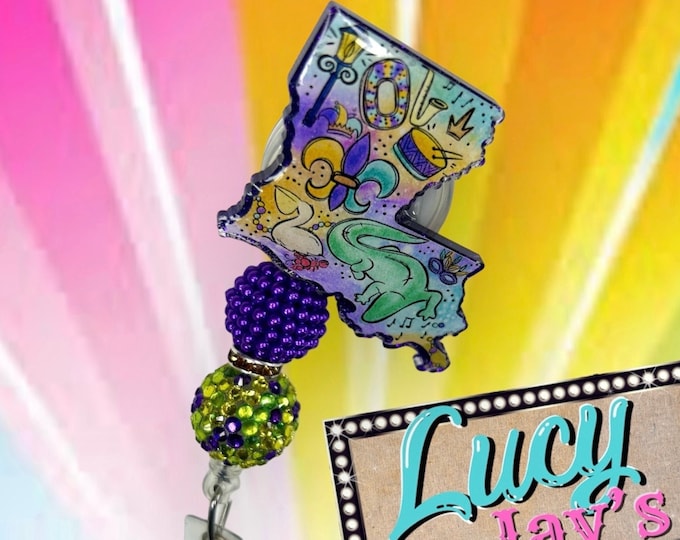 Mardi Gras Louisiana Glitter Badge Reel ID Holder with or without Beads