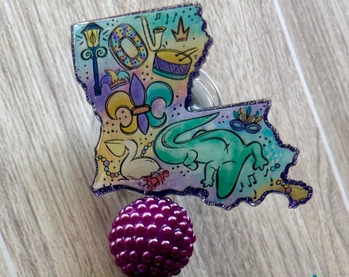 Mardi Gras Louisiana Glitter Badge Reel ID Holder with or without Beads