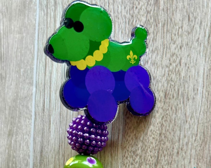 Mardi Gras Bead Dog Glitter Badge Reel ID Holder with Beads