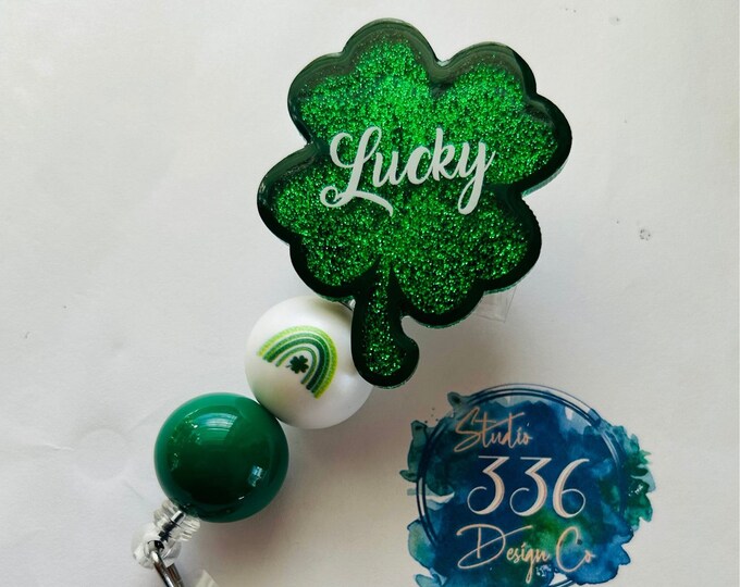St. Patrick’s Day Lucky Four 4 Leaf clover Glitter Badge Reel ID Holder