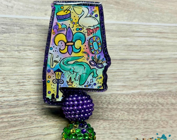 Mardi Gras Alabama Glitter Badge Reel ID Holder with or without Beads