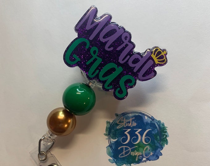 Mardi Gras Glitter Badge Reel ID Holder with Beads