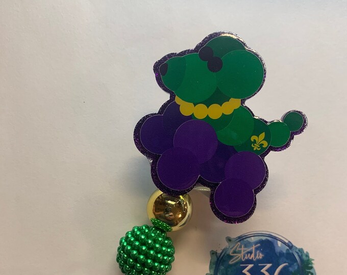 Mardi Gras Bead Dog Glitter Badge Reel ID Holder with Beads