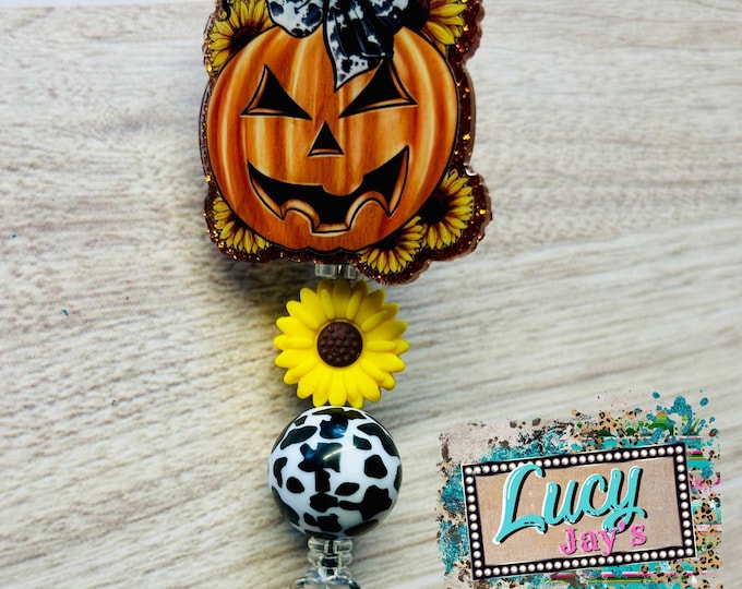 Halloween Pumpkin Badge Reel: Cow Print Sunflower ID Holder