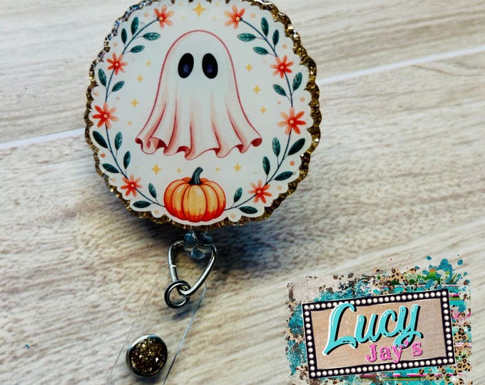 Floral Ghost Badge Reel: Halloween Pumpkin Glitter Acrylic ID Holder