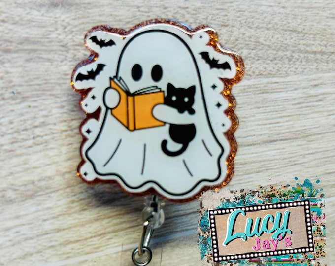 Halloween Ghost Cat Acrylic Badge Reel: Glitter ID Holder