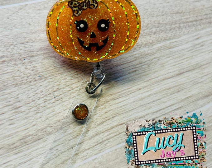 Halloween Fall Girl Pumpkin with Leopard Print Bow Acrylic Glitter Badge Reel ID Holder