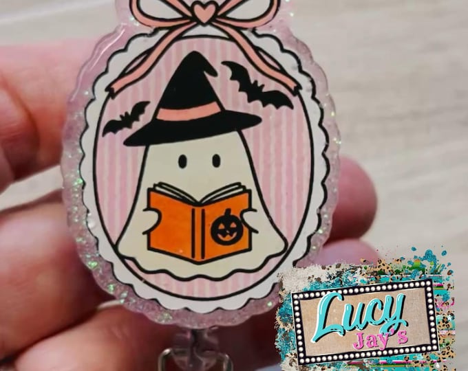 Girl Ghost Badge Reel: Pink Bow, Glitter Acrylic ID Holder
