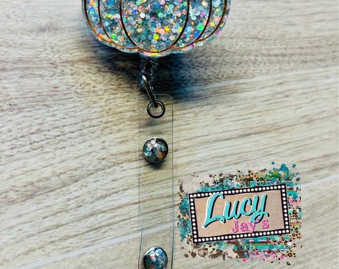Holographic Sparkling Pumpkin Acrylic Glitter Badge Reel ID Holder for Halloween Fall Autumn