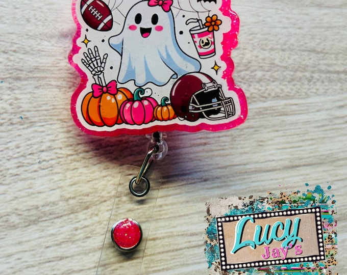 Halloween Fall Season Ghost Football Pink Glitter Acrylic Badge Reel ID Holder