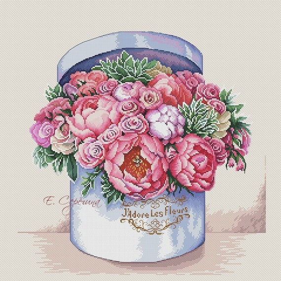 Flower Cross Stitch Pattern Pdf Instant Download Bouquet Cross Stitch Peony Cross Stitch Pink Cross Stitch Box Cross Stitch Stylish Cross