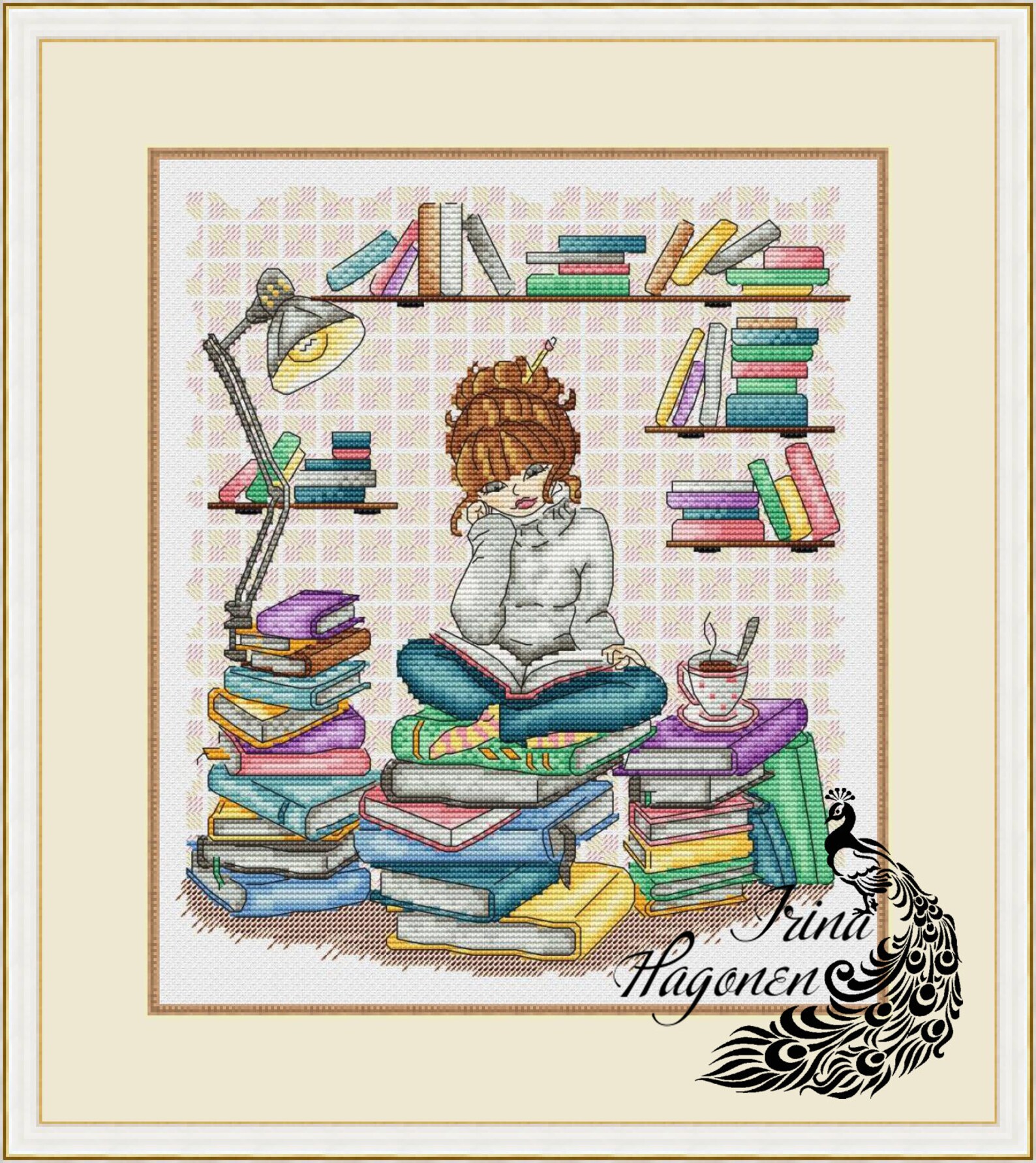 вышивка крестом кот на книжной полке