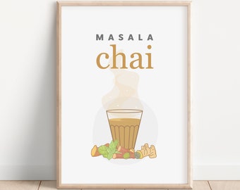 Masala Chai poster, Chai print, Indian chai poster, Digital download, Kitchen art, Chai art, Chai print, Desi wall art, Indian food poster