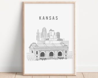 Kansas City, Kansas outline, Kansas art print, Kansas wall art, Digital print, Kansas City skyline, City sketch, Kansas black and white
