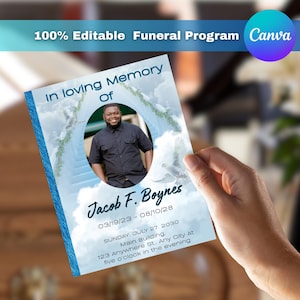 Forever Remembered • Blue Funeral Program • Editable Memorial Template • Canva Obituary Layout