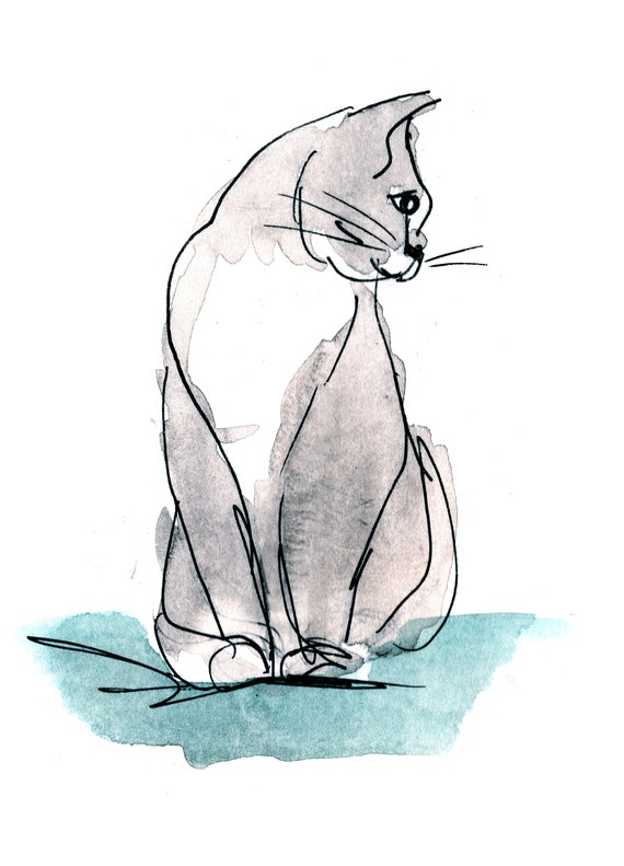 Grey Cat Print Cat Illustration Line Drawings Pencil Sketch Minimal Cat Print Teal Bedroom Wall Art Gift For Cat Lover Girlfriend